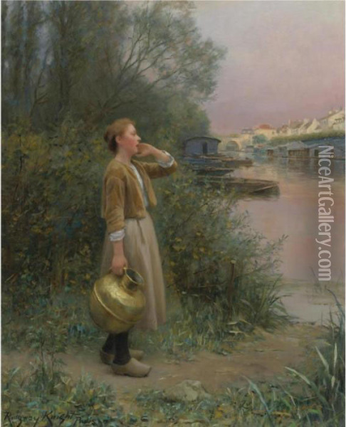 Girl With Water Jug Oil Painting - Daniel Ridgway Knight