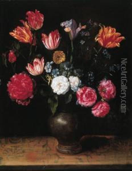 Roses, Lilies, Tulips, A Poppy And Other Flowers In A Stone Warejug On A Ledge Oil Painting - Alexander Adriaenssen