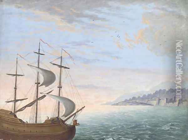 A three-masted ship sailing near the coast Oil Painting - Dutch School