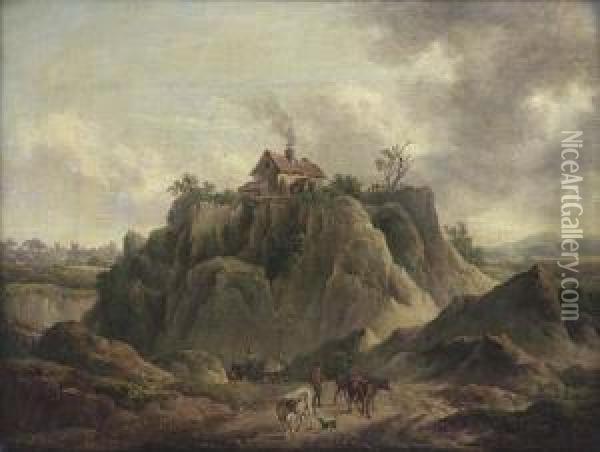 A Drover And His Cattle On A Country Road, A House On A Hill Topbeyond Oil Painting - Charles Towne