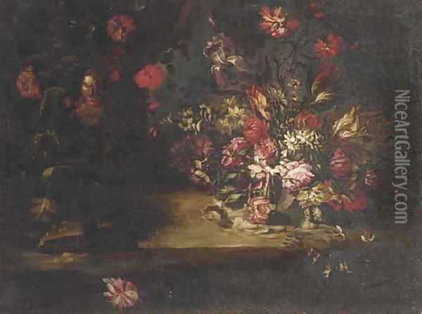 Roses, tulips and other mixed flowers on a ledge Oil Painting - Nicola Casissa