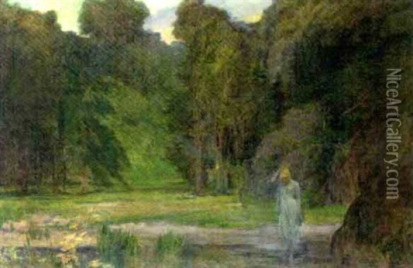 A Nymph In A Woodland Clearing, Dusk Oil Painting - Robert Fowler