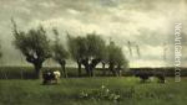 Wilgenrij: Cattle Grazing Near Willows Oil Painting - Willem Roelofs