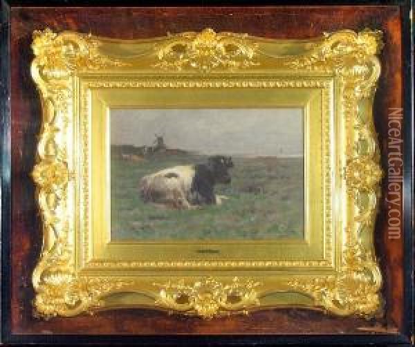 Cows In A Pasture With A Windmill In The Distance Oil Painting - Ogden Wood