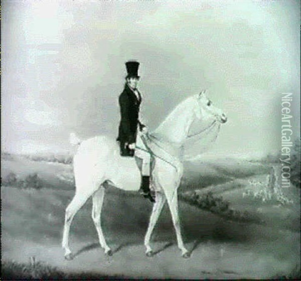 Portrait Of George Sainsbury, Riding A White Hunter, A Hunt In A Landscape Beyond Oil Painting - James Barenger the Elder