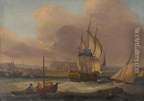 A Ship-of-the-line Off A Fort Oil Painting - Thomas Luny