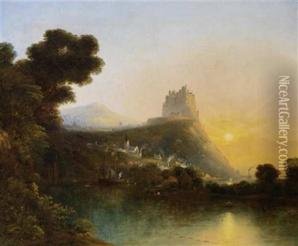 A Castle Above A Lake Oil Painting - William Henry Crome
