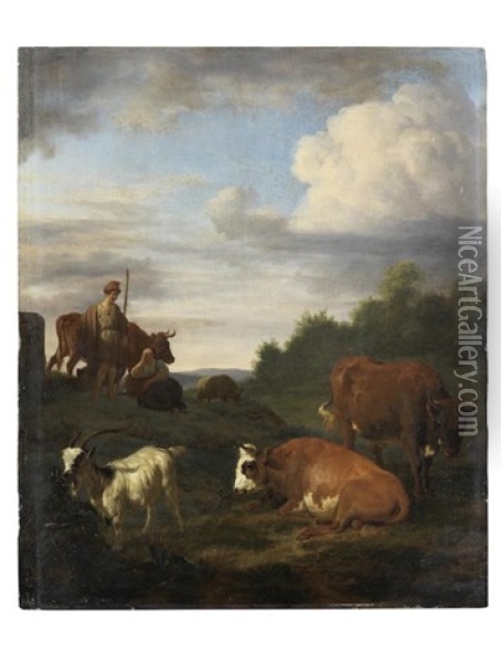 Drovers Resting With Their Flock In A Landscape Oil Painting - Adriaen Van De Velde