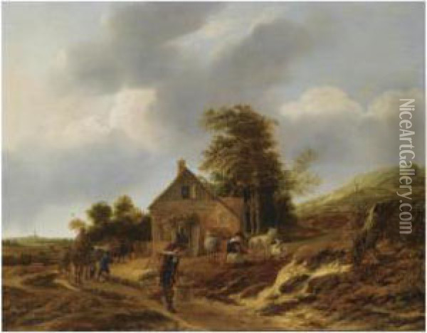 A Dune Landscape With A Peasant Woman Milking Sheep Outside Afarmhouse, A Water Carrier And A Shepherd With His Cattle On Apath, A View Of The Saint Bavo Church In Haarlem Beyond Oil Painting - Jan Baptist Wolfaerts