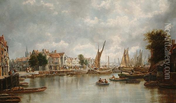 A Busy Continental Harbour, Signed Oil Painting - William Howard Hart