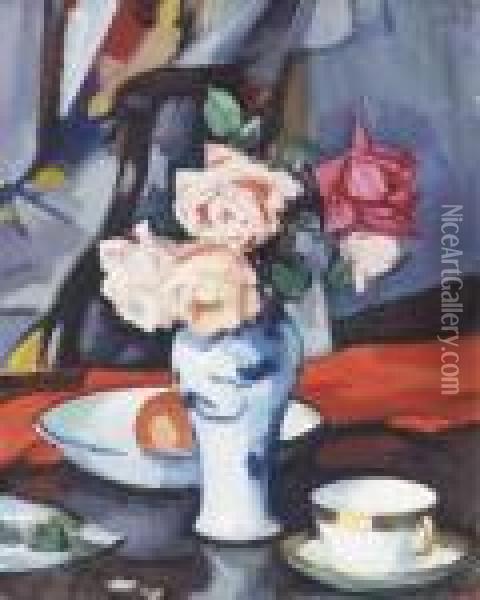 Roses In A Chinese Vase Oil Painting - Samuel John Peploe