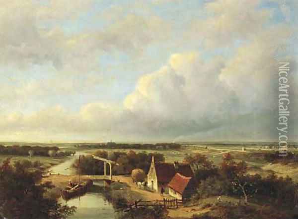 A panoramic view of the outskirts of Haarlem, with a steam train in the distance Oil Painting - Jan Hendrik Willem Hoedt