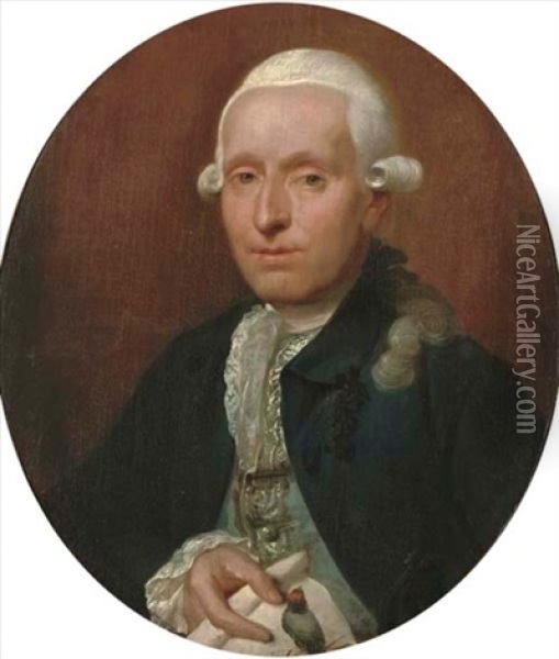 Portrait Of A Nobleman, Half-length, In A Blue Embroidered Vest, Lace Collar And Cuffs And A Dark Blue Coat, Holding A Drawing Of A Bird In His Right Hand Oil Painting - Aert Schouman