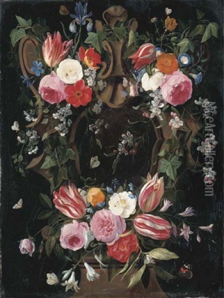 A Garland Of Tulips, Roses, Morning Glory, An Iris, Clematis And Other Flowers Surrounding A Sculpted Stone Cartouche With A Red Admiral... Oil Painting - Jan van Kessel the Elder