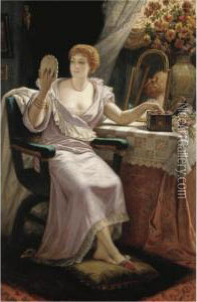 Looking In The Mirror Oil Painting - Jules Hippolyte Ravel
