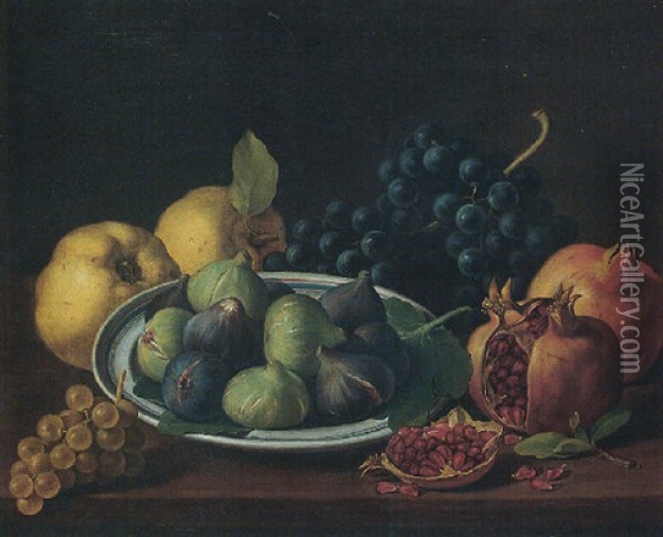 Still Life Of Figs In A Ceramic Bowl, Together With Pomegranates, Grapes And Apples On A Wooded Tabletop Oil Painting - Jose Lopez Enguidanos
