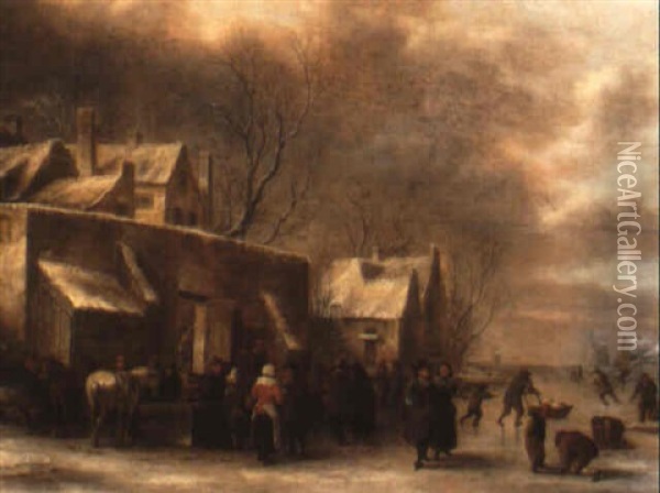 A Village Scene In Winter With Figures Skating In The Background Oil Painting - Nicolaes Molenaer