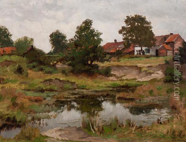 View Of A Pond With Houses In Thebackground Oil Painting - Theodore Baron