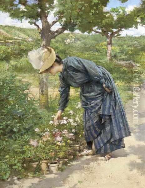 A Lady Picking Flowers Oil Painting - Rene Joseph Gilbert