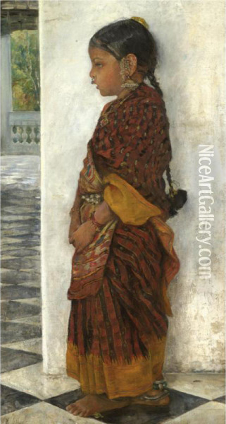 Girl Standing In A Veranda Wearing A Pochampalli Sari Oil Painting - Hermann Linde