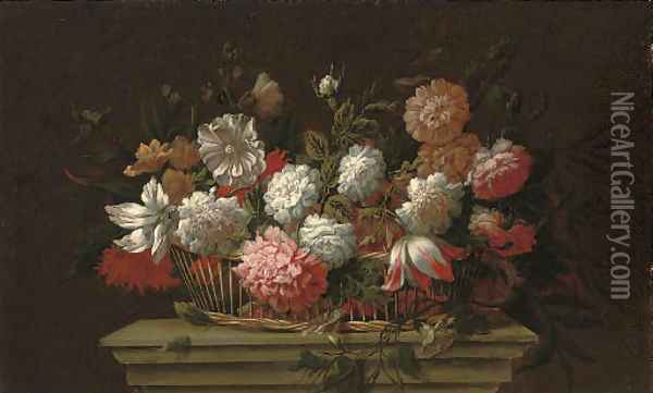 Carnations, chrysanthemums, roses, a parrot tulip and other flowers in a basket on a ledge Oil Painting - Pieter Hardime