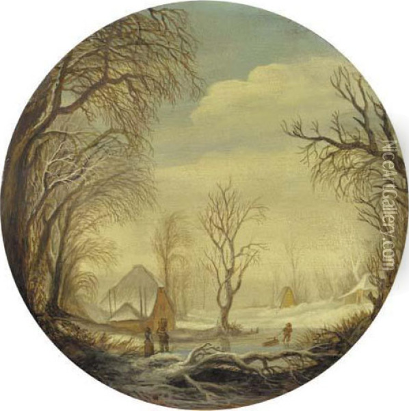 A Winter Landscape With Figures On The Ice, A Farm Beyond Oil Painting - Gijsbrecht Leytens