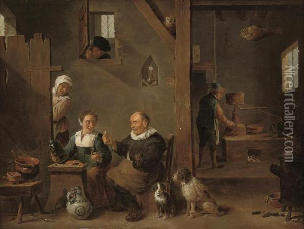 An Alchemist And Other Figures In An Interior Oil Painting - David The Younger Teniers