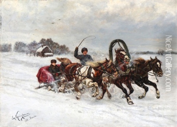 Troika Driving At Winter Time, Russia Oil Painting - Ekatarina Krasnunushkin Zakharovna