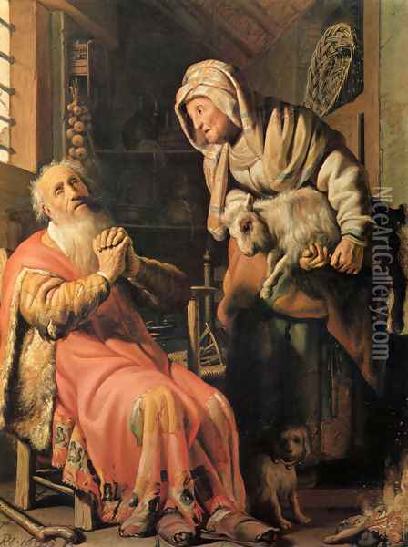 Tobias, Ann and the goat, amsterdam 1626 Oil Painting - Rembrandt Van Rijn