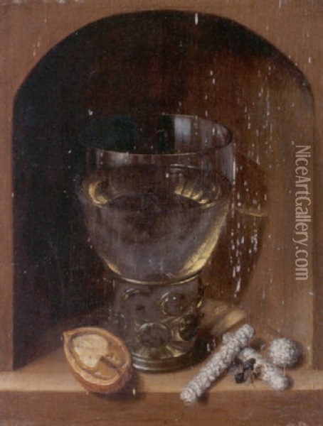 A Roemer, A Walnut And Sugar In A Stone Niche Oil Painting - Georg Flegel