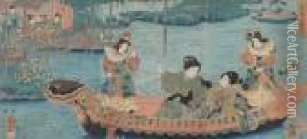 Royal Barge Near A Tea Room Oil Painting - Utagawa Kuniyoshi