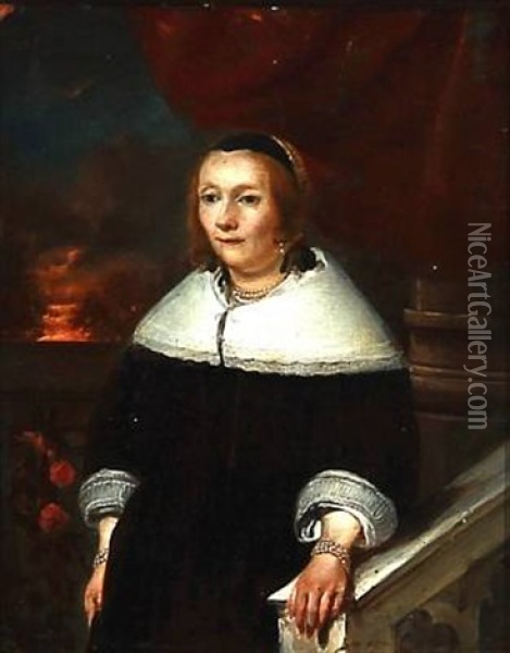 An Elegant Woman In A Black Dress With A White Collar Standing Near A Balustrade Oil Painting - Gonzales Coques