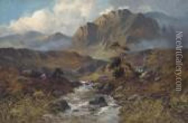 A Highland Cascade Oil Painting - John Henry Boel