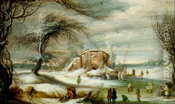 Skaters And Children On Sledges In The Ice By A Farm Oil Painting - Gysbrecht Leytens