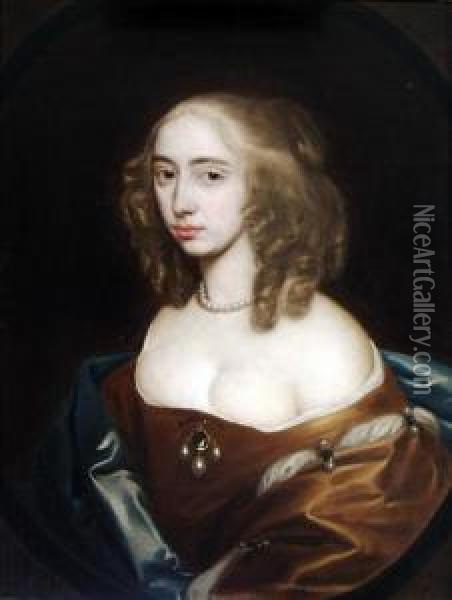 Portrait Of Anne, Viscountess 
Bayning, Head And Shoulders Wearing Agold Dress And Blue Robe Oil Painting - Gerard Soest