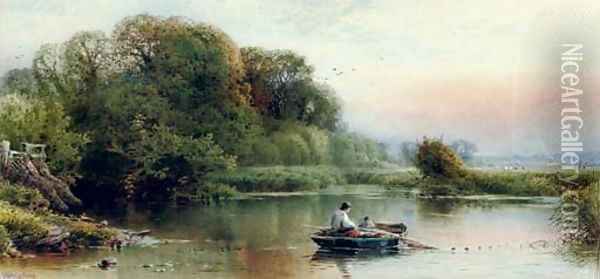 A river landscape at dusk with young anglers dragging in their nets Oil Painting - William W. Gosling