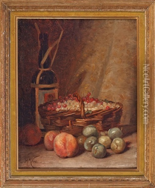 Still Life: Bottle Of Wine, Gooseberries, Peaches And A Basket Of Currants Oil Painting - Hubert Vos