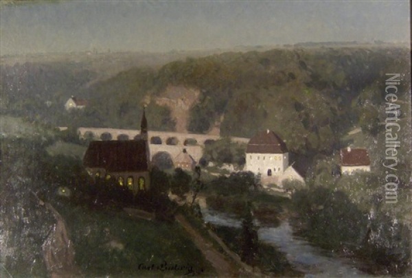 Mitteldeutsche Fluslandschaft Mit Viadukt Oil Painting - Carl Julius E. Ludwig