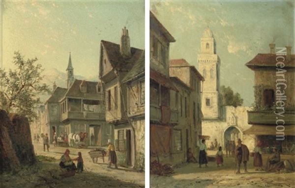 A Street In Vigo Spain (+ A View In Namur; Pair) Oil Painting - William Raymond Dommersen