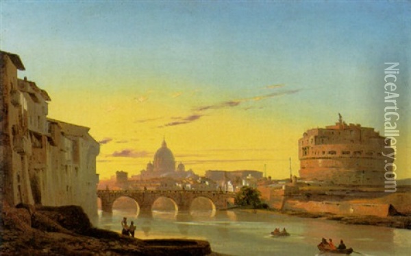 The Ponte Sant'angelo And The Castel Sant'angelo With The Dome Of St. Peters In The Background Oil Painting - Ippolito Caffi