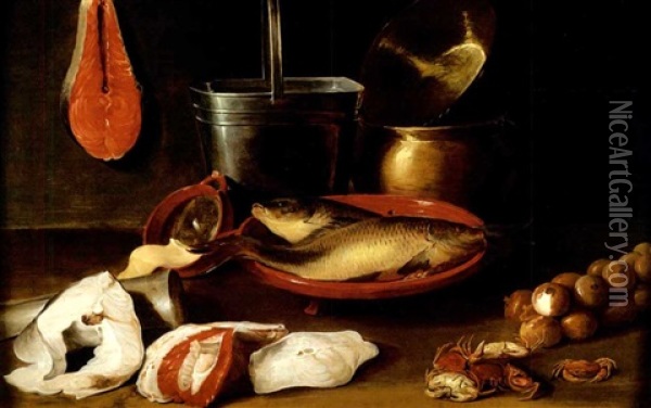 Bream In A Stoneware Bowl With Onions, Crabs, Fish Filets, A Bucket And Copper Pots On A Ledge Oil Painting - Jacob Fopsen van Es