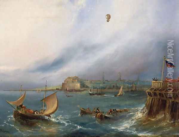 The First Balloon Crossing of the English Channel, 7th January 1785, c.1840 Oil Painting - E.W. Cocks