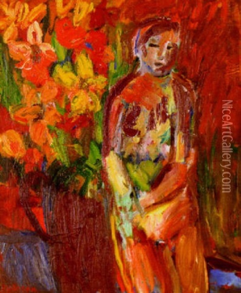Modell Med Blommor Oil Painting - Ivan Ivarson