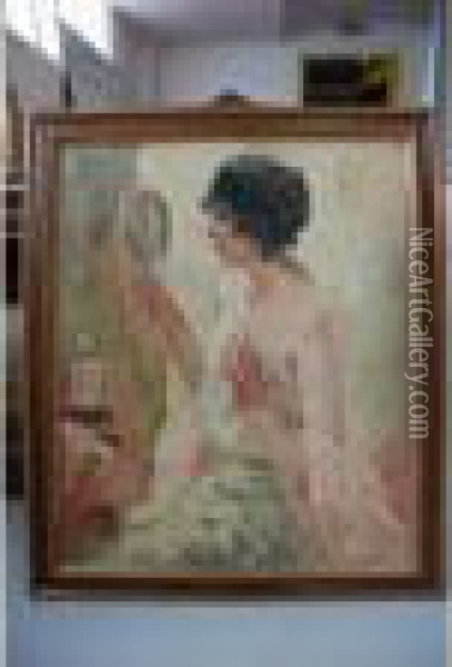 Dame Au Miroir Huile Sur Toile Signee En Bas A Gauche 73 X 60cm Oil Painting - Tancrede Synave