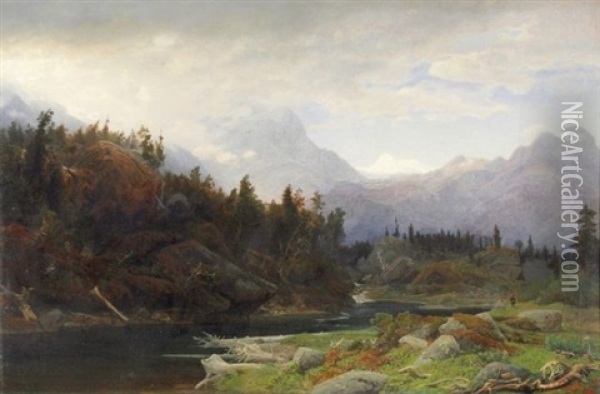 Herbstmorgen In Den Schweizer Hochalpen. Am Seeufer Ein Jager Oil Painting - Johann Valentin Ruths