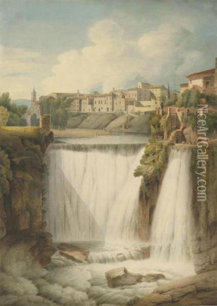 The Cascades Of Tivoli With The Town Above, Italy Oil Painting - Francis Towne