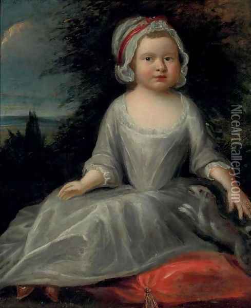 Portrait of a young girl, full-length, in a white dress and cap Oil Painting - English School
