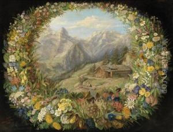 View Of An Alpine Landscape Surrounded By Awreath Of Flowers Oil Painting - Anna Stainer-Knittel