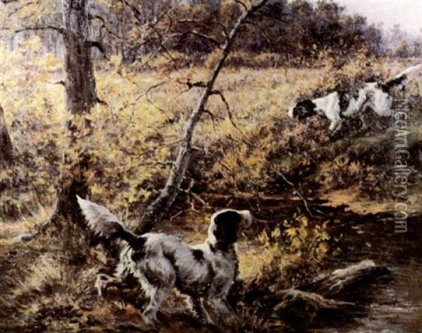 Two Setters By A Stream In A Fall Landscape Oil Painting - Edmund Henry Osthaus