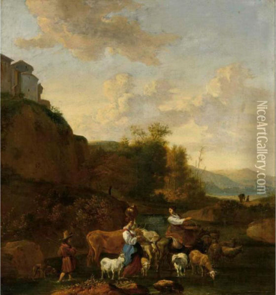 Shepherdesses And Their Flock In An Italianate Landscape Oil Painting - Nicolaes Berchem